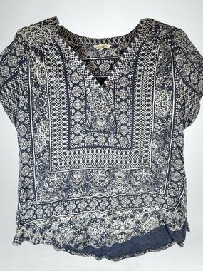 Lucky Brand Shirt Women’s Dark Blue Boho Cotton Linen Blend Stretch Sz XL